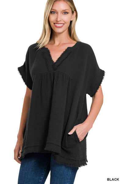 V-NECK SHIRT GAUZE RAW EDGE SHORT SLEEVE - Black